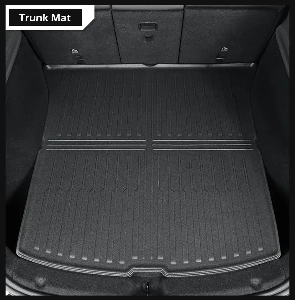 Trunk mat for Tesla Model Y with door sill protection; black all-weather cargo liner by Simples Market