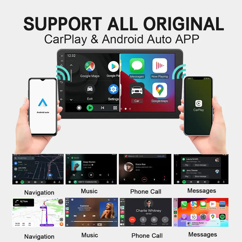 XUDA 2in1 Wireless CarPlay Adapter by Simples Market; two smartphones show CarPlay/Android Auto