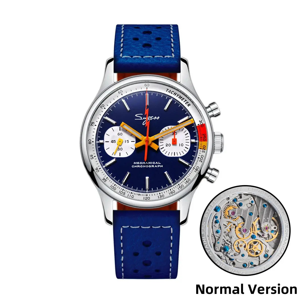 Sugess chronograph watch for men with blue dial, sapphire crystal, stainless steel case, blue perforated leather strap
