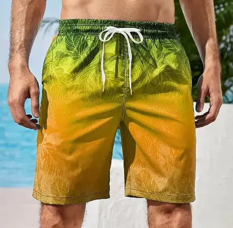 Board shorts by Simples Market in green-to-yellow gradient with leaf print, quick-dry beach swim trunks.
