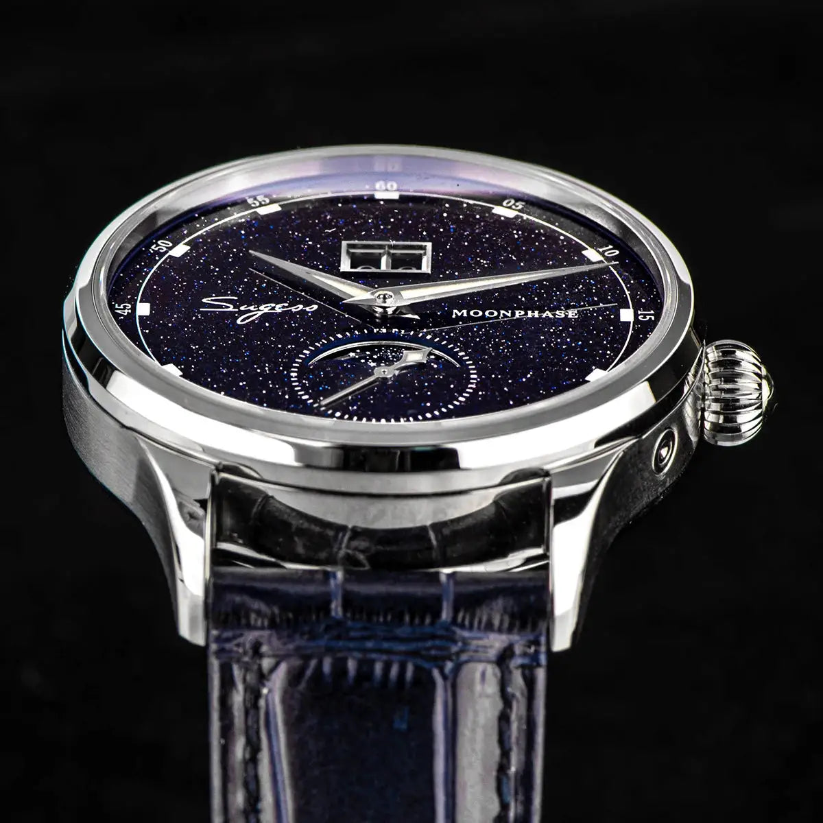 Sugess Moonphase men's 40mm automatic watch with stainless steel case and blue sandstone dial