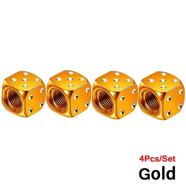 Set of 4 gold aluminum dice tire valve caps for cars, trucks, and motorcycles by Simples Market