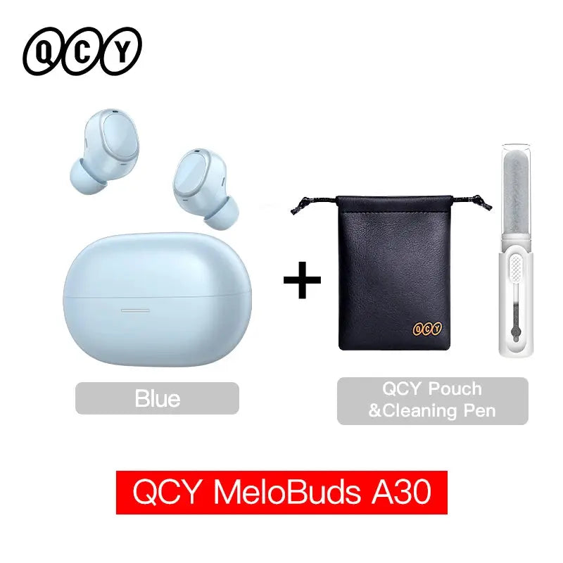 QCY MeloBuds A30 blue wireless earbuds with charging case, plus pouch and cleaning pen