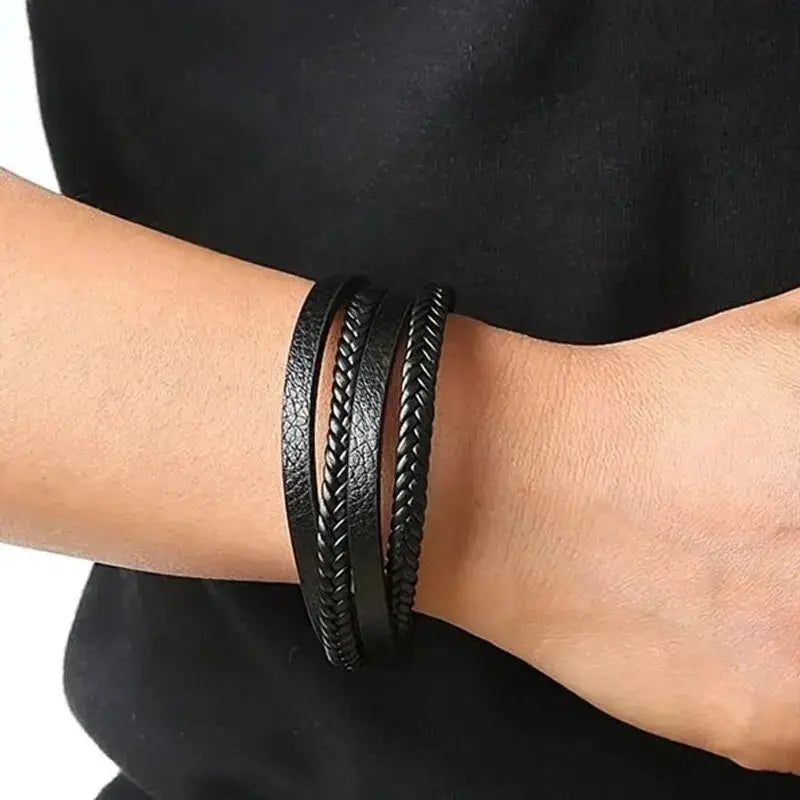 Men's black leather bracelet set, four braided rope cuffs