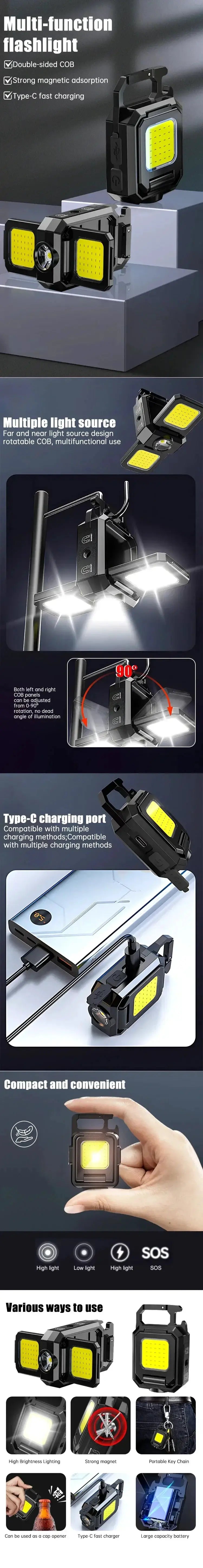 Mini keychain flashlight by Simples Market with COB work light, USB-C rechargeable, 90° foldable side lights (2-pack).