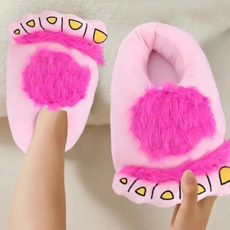 Foot slippers pink fuzzy indoor house shoes, pair with fluffy fur trim for winter.