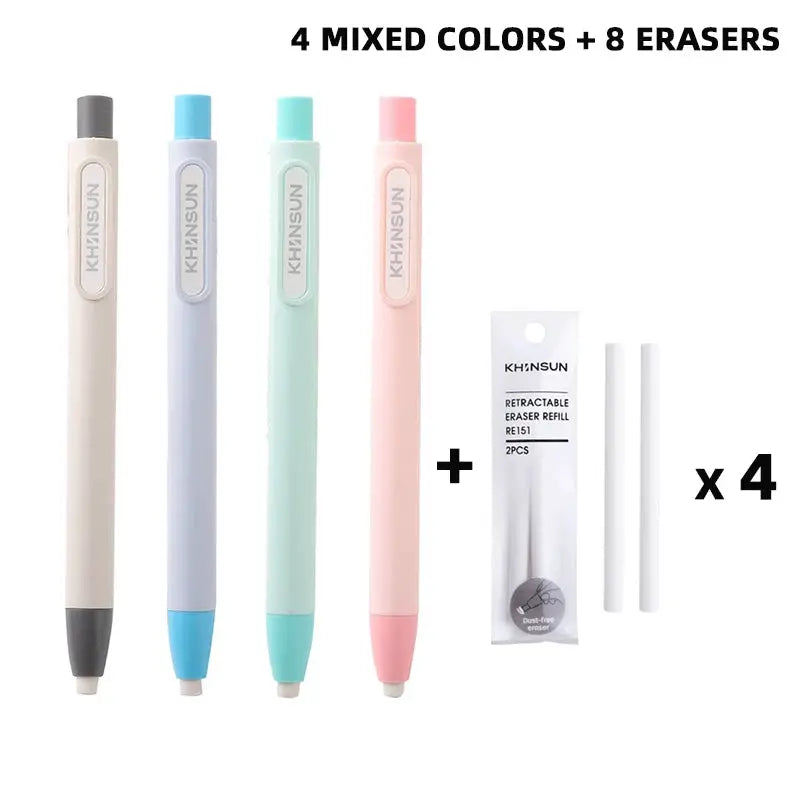 KHINSUN press eraser pen set with replaceable cores; 4 pastel pens + 8 erasers