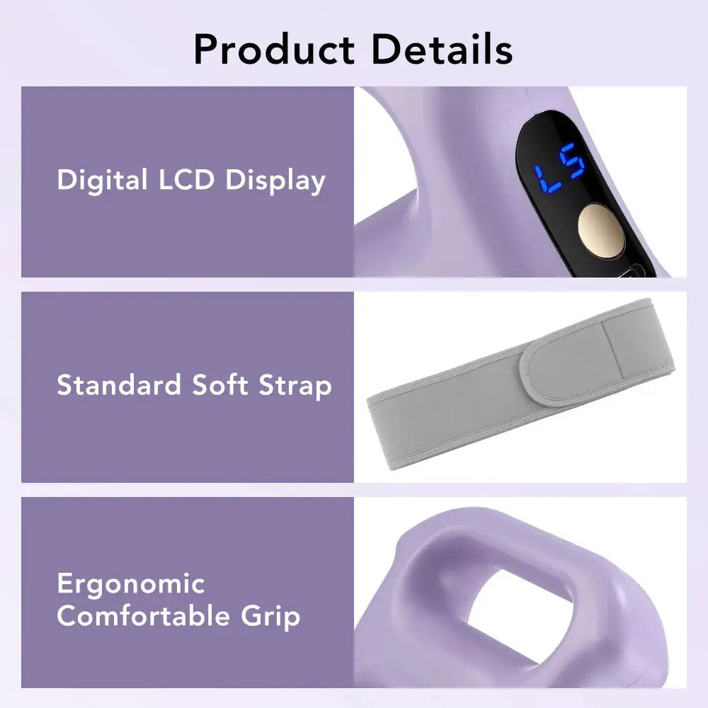 Portable fascia massager with LCD display, gray soft strap, and ergonomic purple grip
