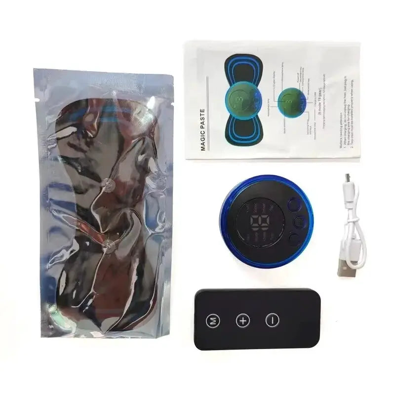 EMS neck massager set by Simples Market; blue circular controller with display, plus remote, USB cable, and pouch