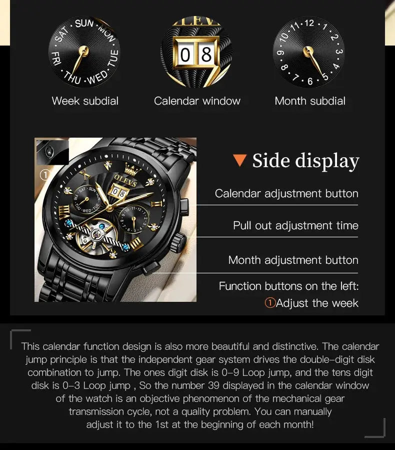 OLEVS classic men's tourbillon automatic wristwatch with black stainless steel band and calendar window