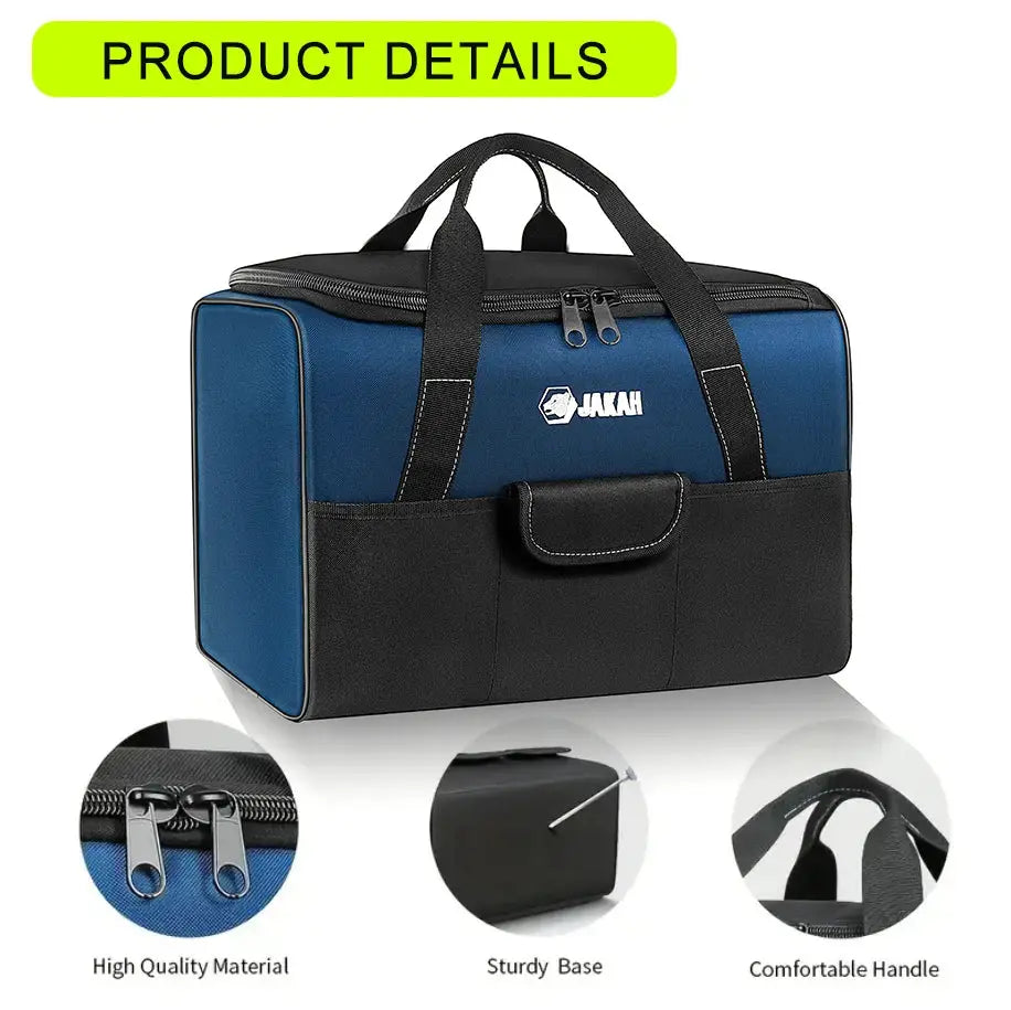 Heavy Duty Polyester Tool Bag, blue and black with JAKAH logo, sturdy base and dual-zip closure.