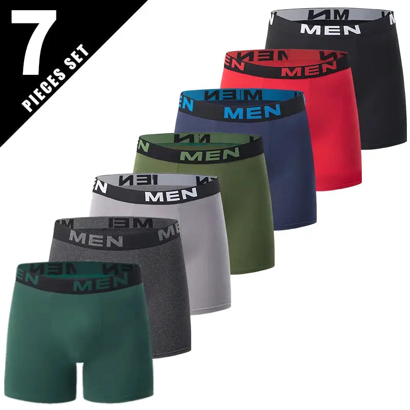 Men's 7-pack boxer briefs in assorted colors with logo waistband