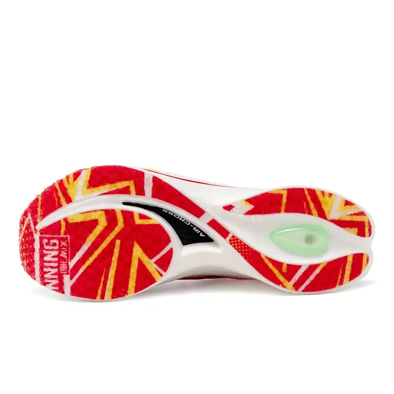 ONEMIX Marathon carbon-plate racing shoes for men; red-yellow patterned outsole, white midsole, and green air pod