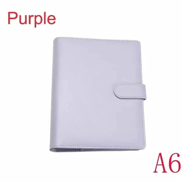 Purple leather A6 notebook cover with strap closure, refillable file binder