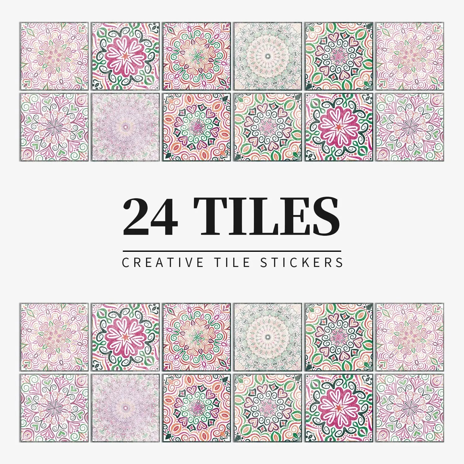 24 tiles sticker set by Simples Market; light-color, waterproof self-adhesive wall decals with colorful mandala designs