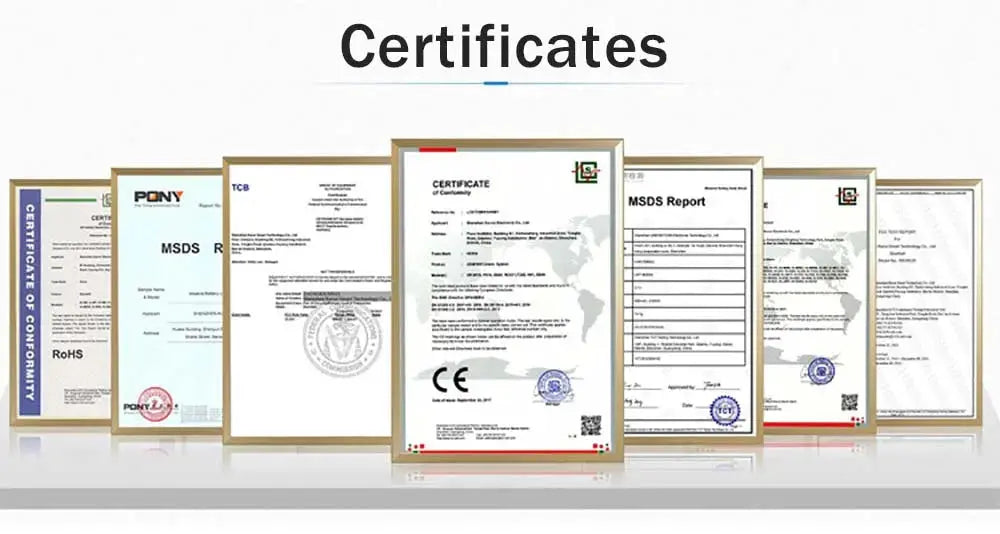 Seven framed certificates lined up in a row under a Certificates heading.