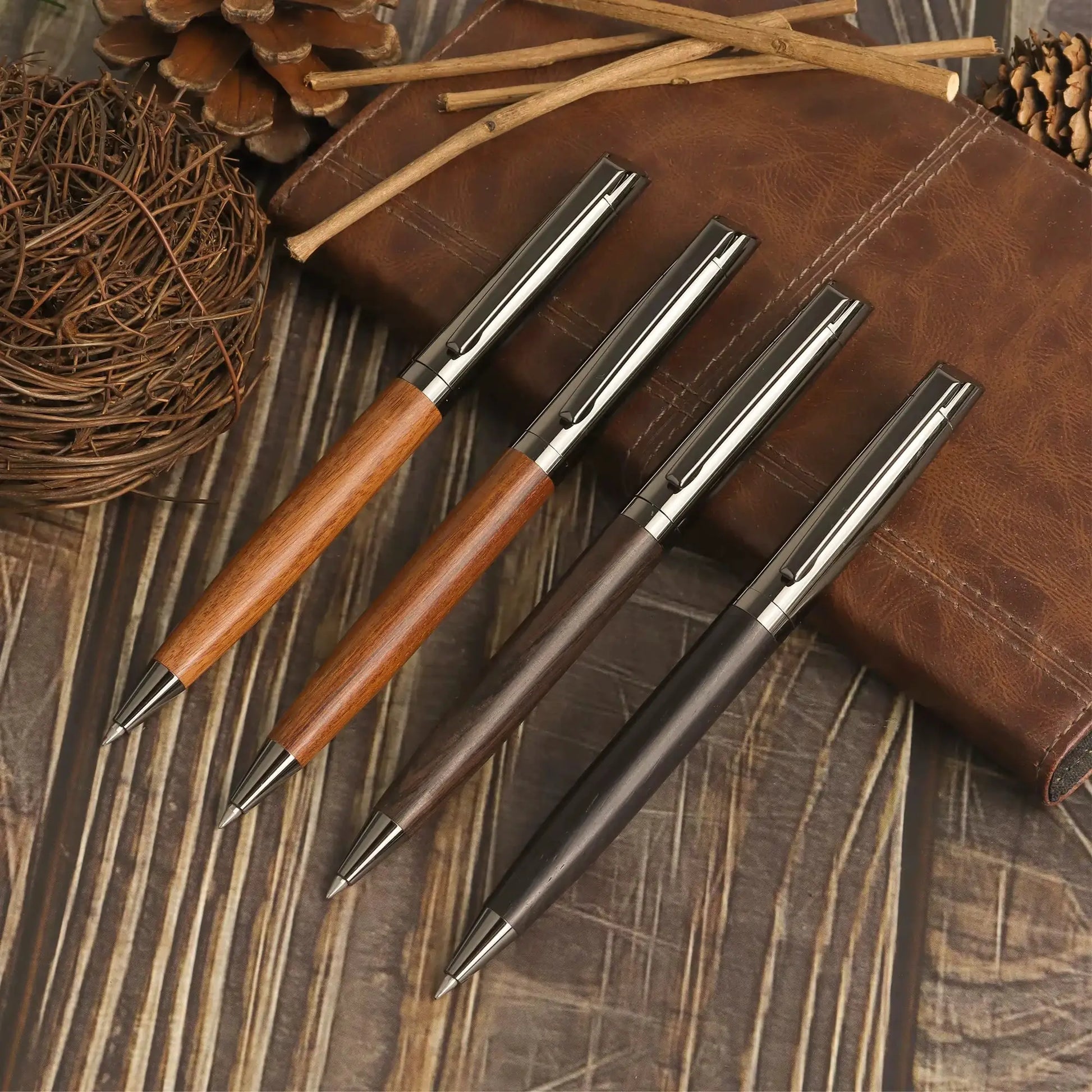Set of five premium metal ballpoint pens with wood barrels and chrome accents, black ink for office use