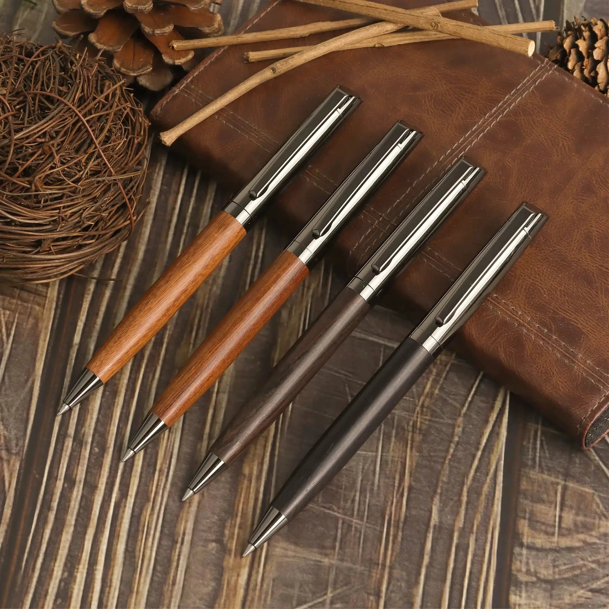 Set of five premium metal ballpoint pens with wood barrels and chrome accents, black ink for office use