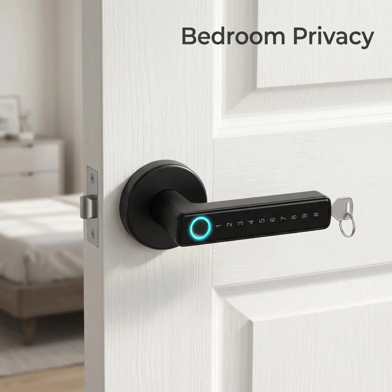 Tuya Bluetooth Smart Door Lock by Simples Market; black lever lock with numeric keypad and blue LED ring on interior door