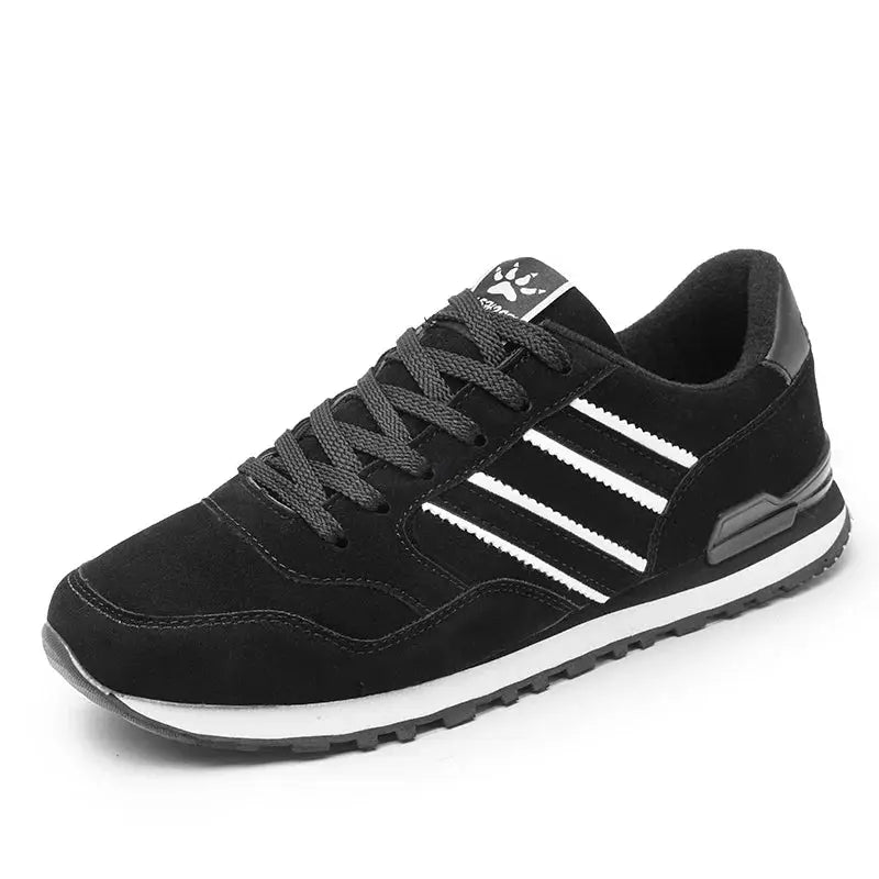 Simples Market black artificial leather men's casual sneakers with white stripes, lace-up, breathable