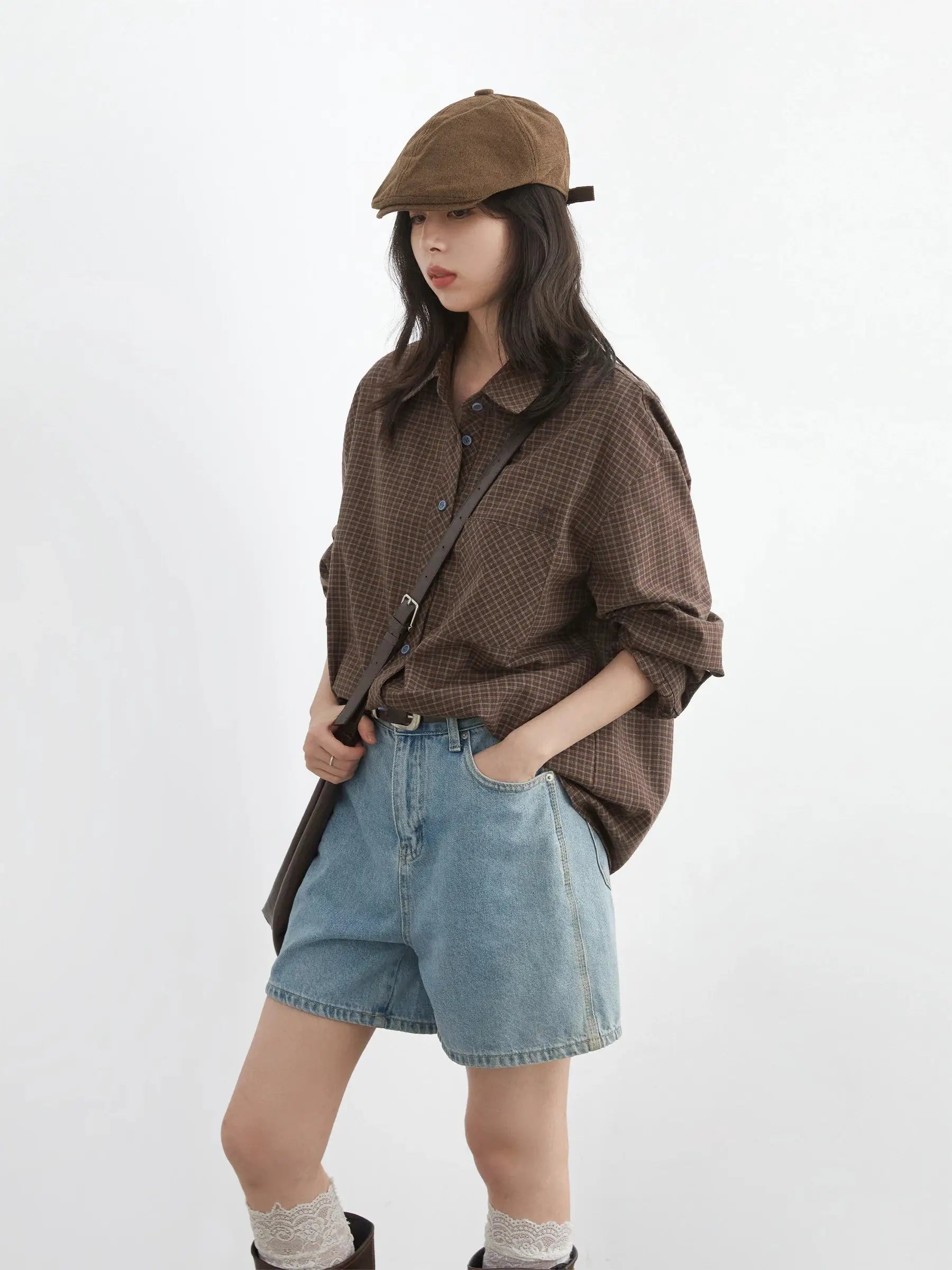 CHIC VEN women's brown plaid shirt, loose casual fit with button-down front