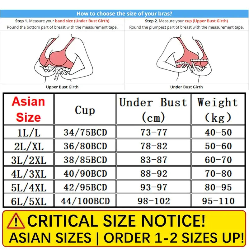 FallSweet seamless ice silk push-up bra size chart with Asian sizing and critical size notice