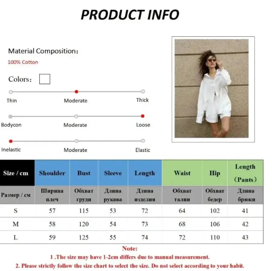 Bornladies Cotton Shorts Set Lapel Long Sleeve Shirt Elastic Waist