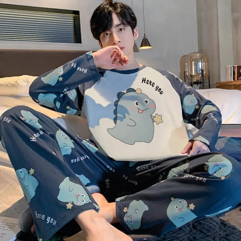2PCS/Set Men Pajamas Long-Sleeved Korean Version of the Simple Button down Tops and Pants Nightwear Homewear Plaid Sleepwear