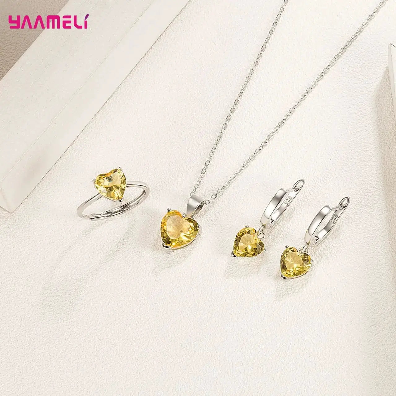 Fine 925 Sterling Silver Jewelry Gift Set For Women Heart Zircon Huggie Earrings Pendant Necklace Ring