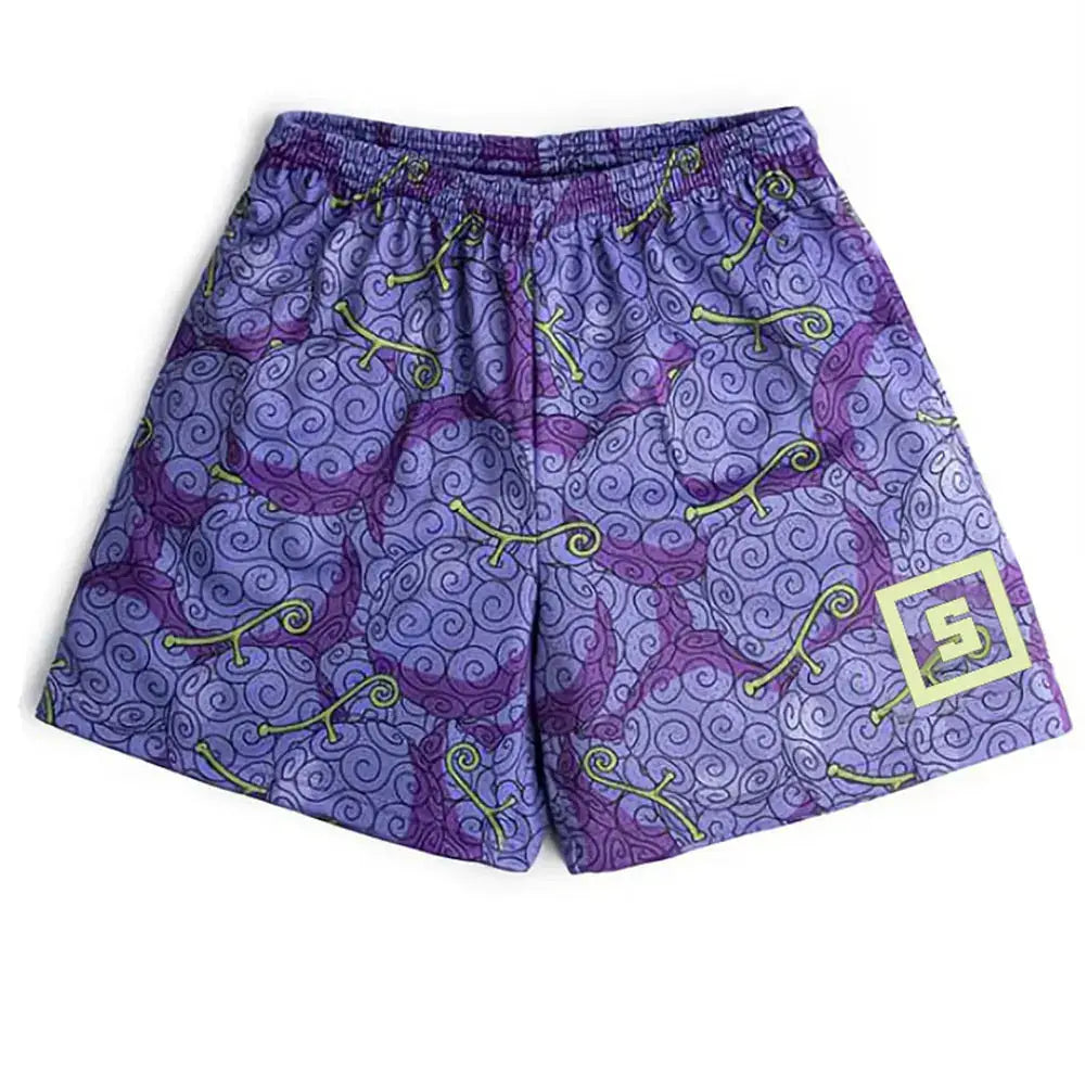 IPPO shorts by Simples Market; purple quick-dry gym shorts with lime-green swirl pattern.