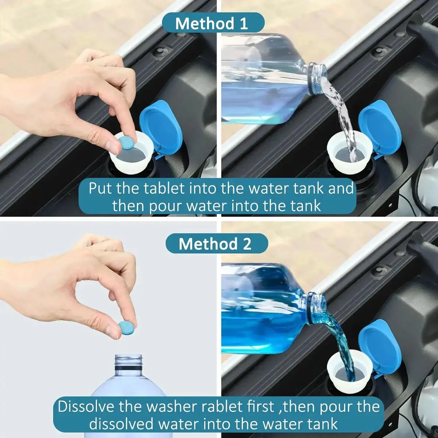 Windshield washer tablets by Simples Market; blue dissolvable car glass cleaner tablets for use in the water tank.