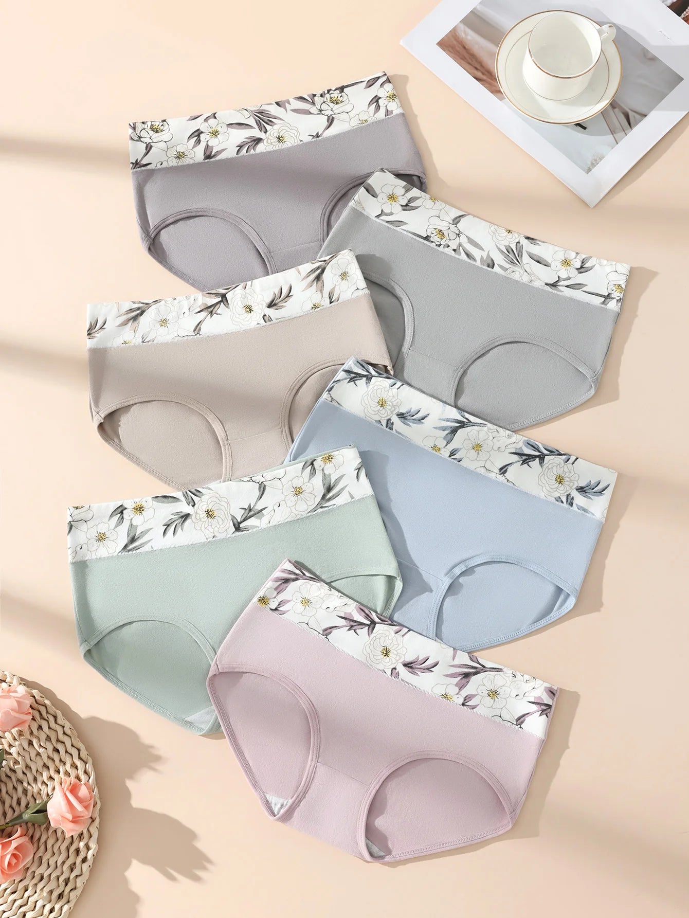 6-pack Simples Market women's high-waist cotton briefs with floral waistband in assorted pastel colors