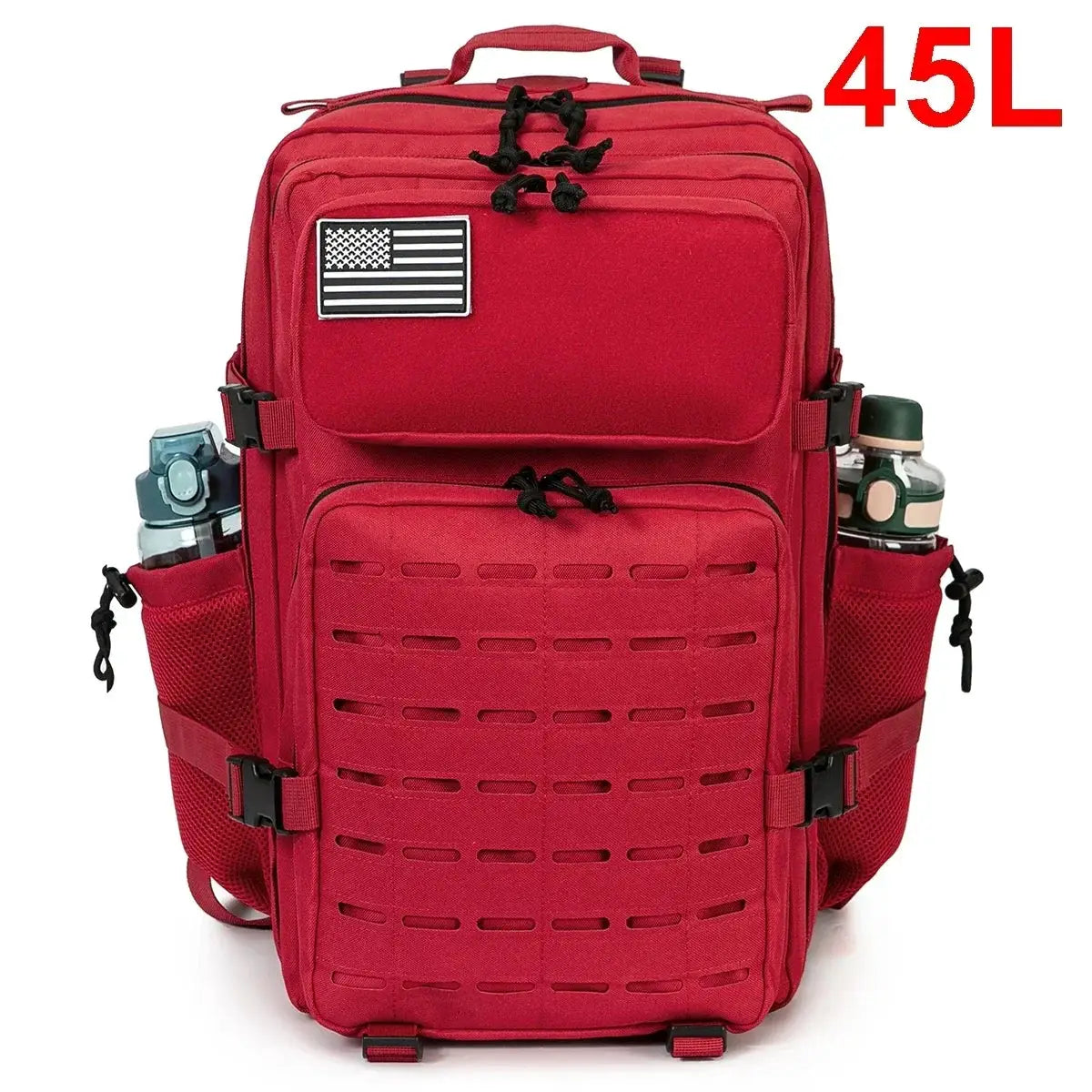Red tactical backpack, 45L, with side water bottle pockets and a front grid panel.