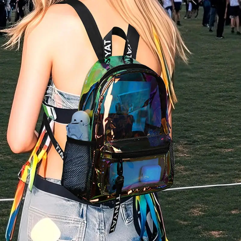 TINYAT PVC clear backpack for women with iridescent finish; festival-ready, water resistant by Simples Market.