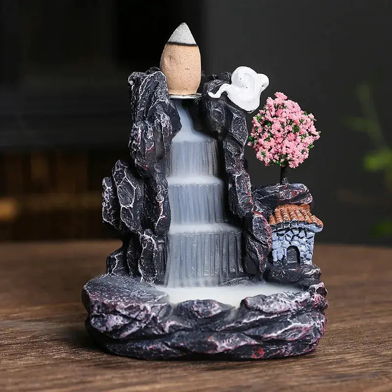Resin Cascade Backflow Incense Burner With Mountain Waterfall Design For Home Decor And Meditation Gift