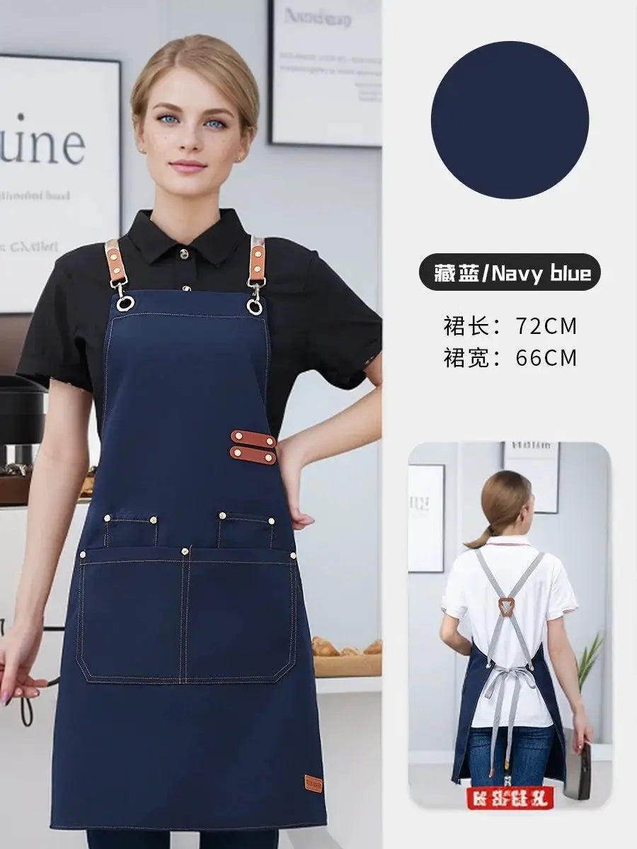 Simples Market navy blue waterproof kitchen apron with brown leather straps and front pockets