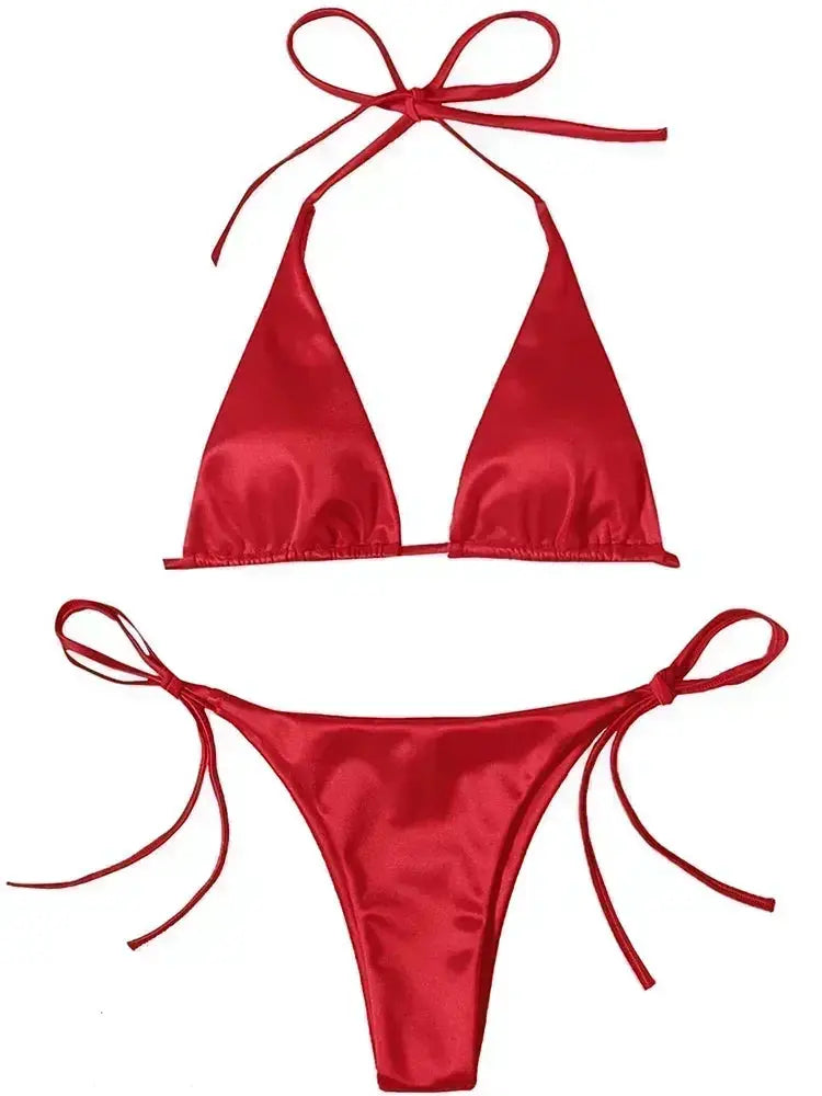 Red metallic satin halter two-piece bikini set with triangle top and high-cut bottoms