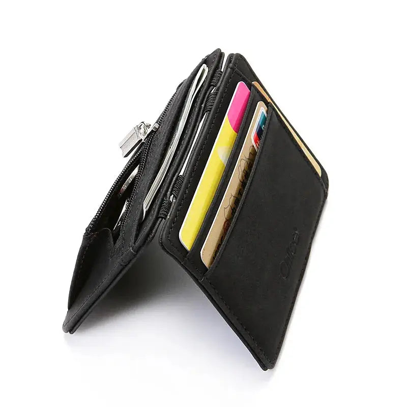 Simples Market mini men's card holder wallet with zipper coin pocket in black PU leather