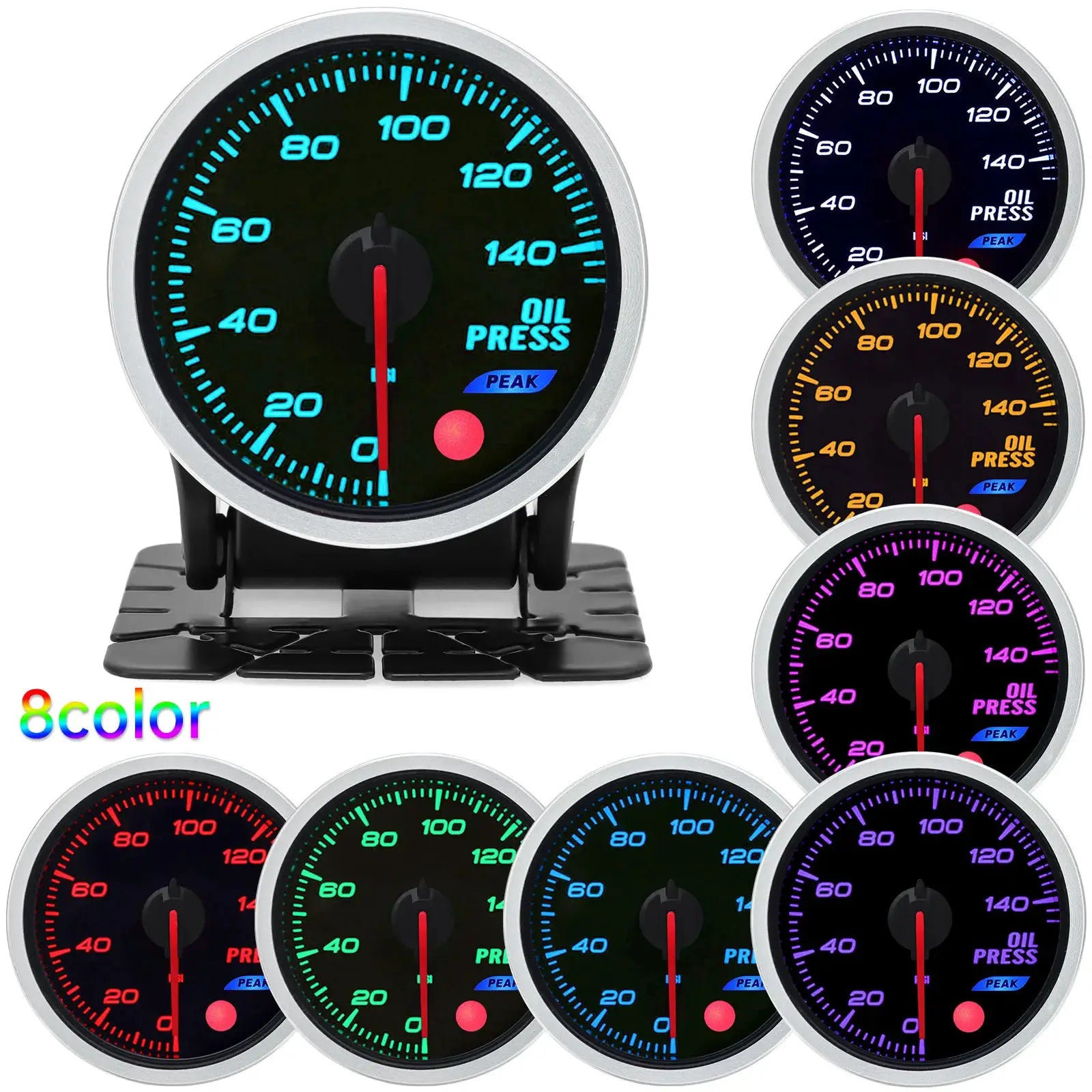 Universal 52mm oil pressure gauge for 12V cars with 8-color backlight