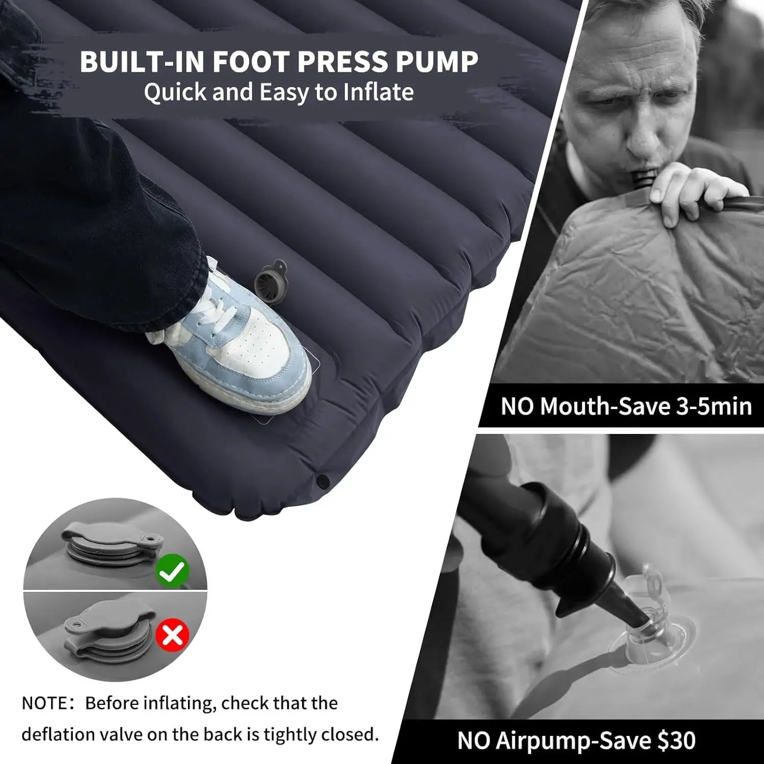 Simples Market extra-thick 4-inch camping sleeping pad with built-in foot pump in navy blue