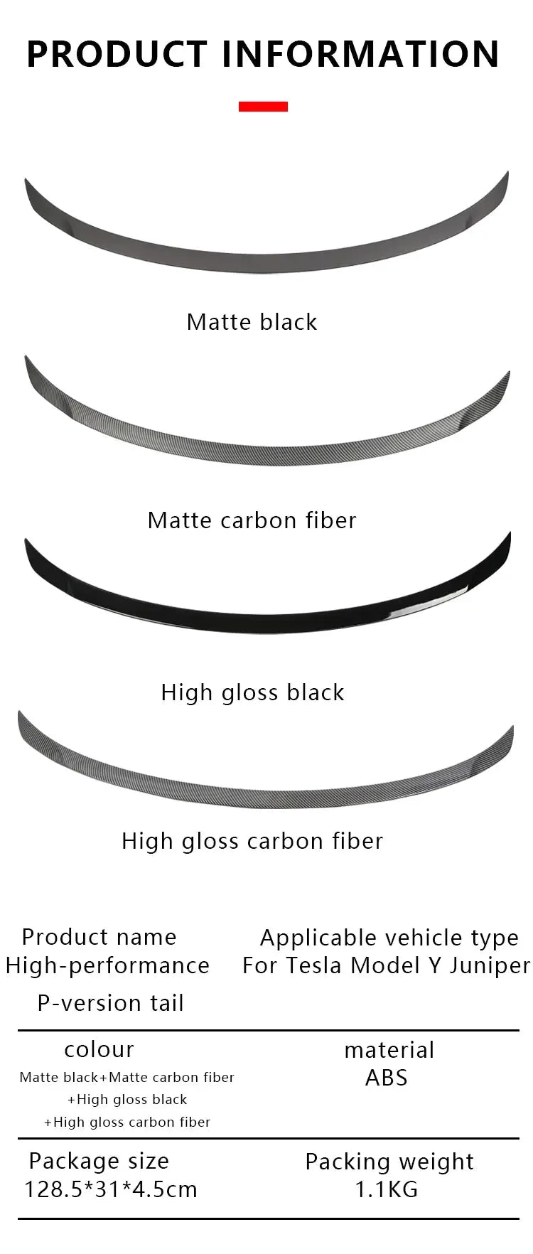 ABS carbon fiber pattern spoiler for Tesla Model Y Juniper 2025 - 4 finishes