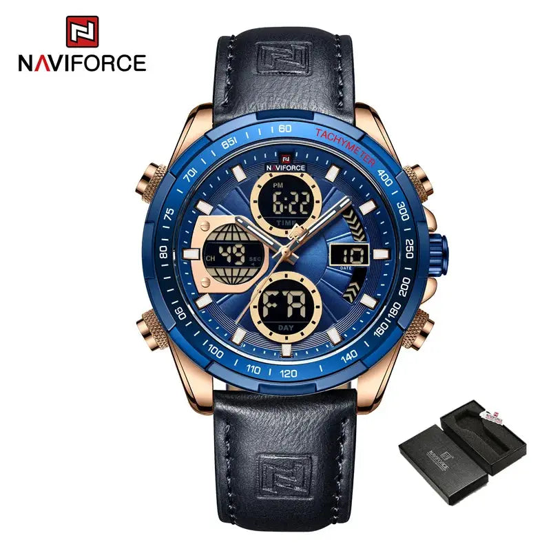 NAVIFORCE men's leather sport chronograph watch with blue bezel, rose-gold case, black strap