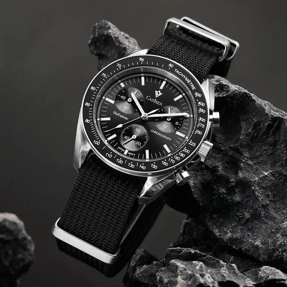 CADISEN men's luxury quartz watch with black dial, tachymeter bezel, sapphire AR crystal, and canvas strap