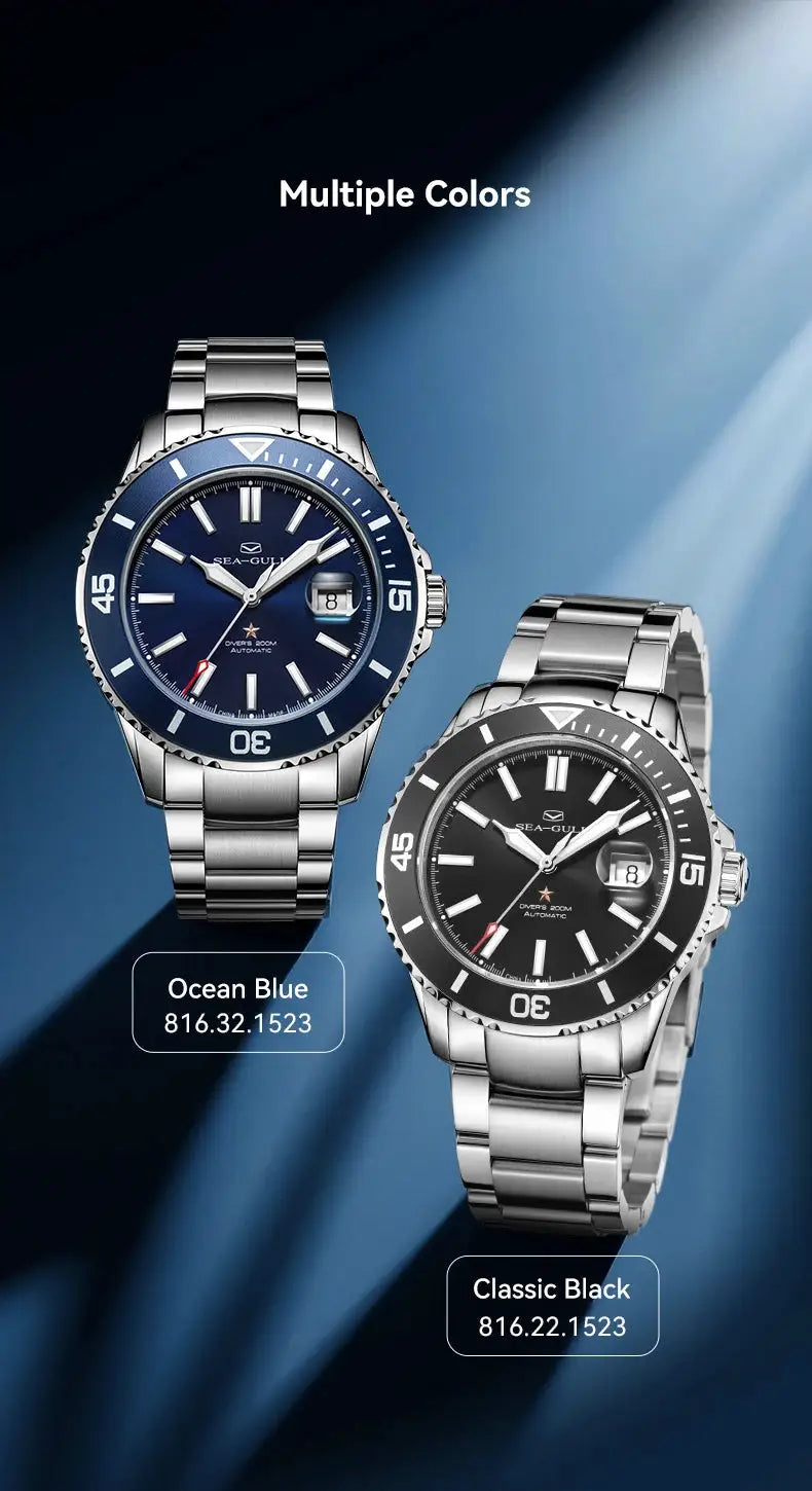 Sea-Gull Relogio Masculino dive watches in Ocean Blue 816.32.1523 and Classic Black 816.22.1523, stainless bands