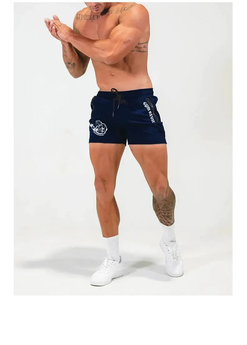 Men's navy quick-dry gym shorts with double side zip pockets and printed logo, Simples Market