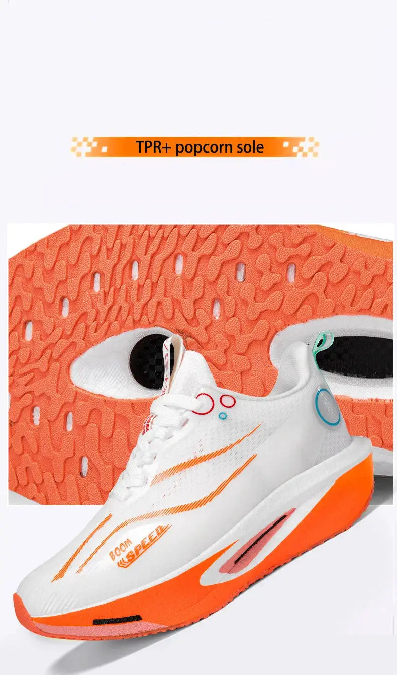 Carbon Plate Running Shoes by Simples Market, white upper with orange sole, breathable lightweight racing sneakers