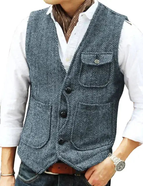 Men's herringbone tweed vest with V-neck, single-breasted gray waistcoat over white shirt
