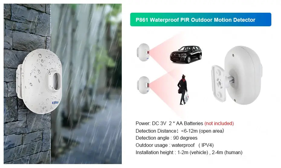 KERUI W184 outdoor white waterproof PIR motion detector mounted on a stone wall in rain.