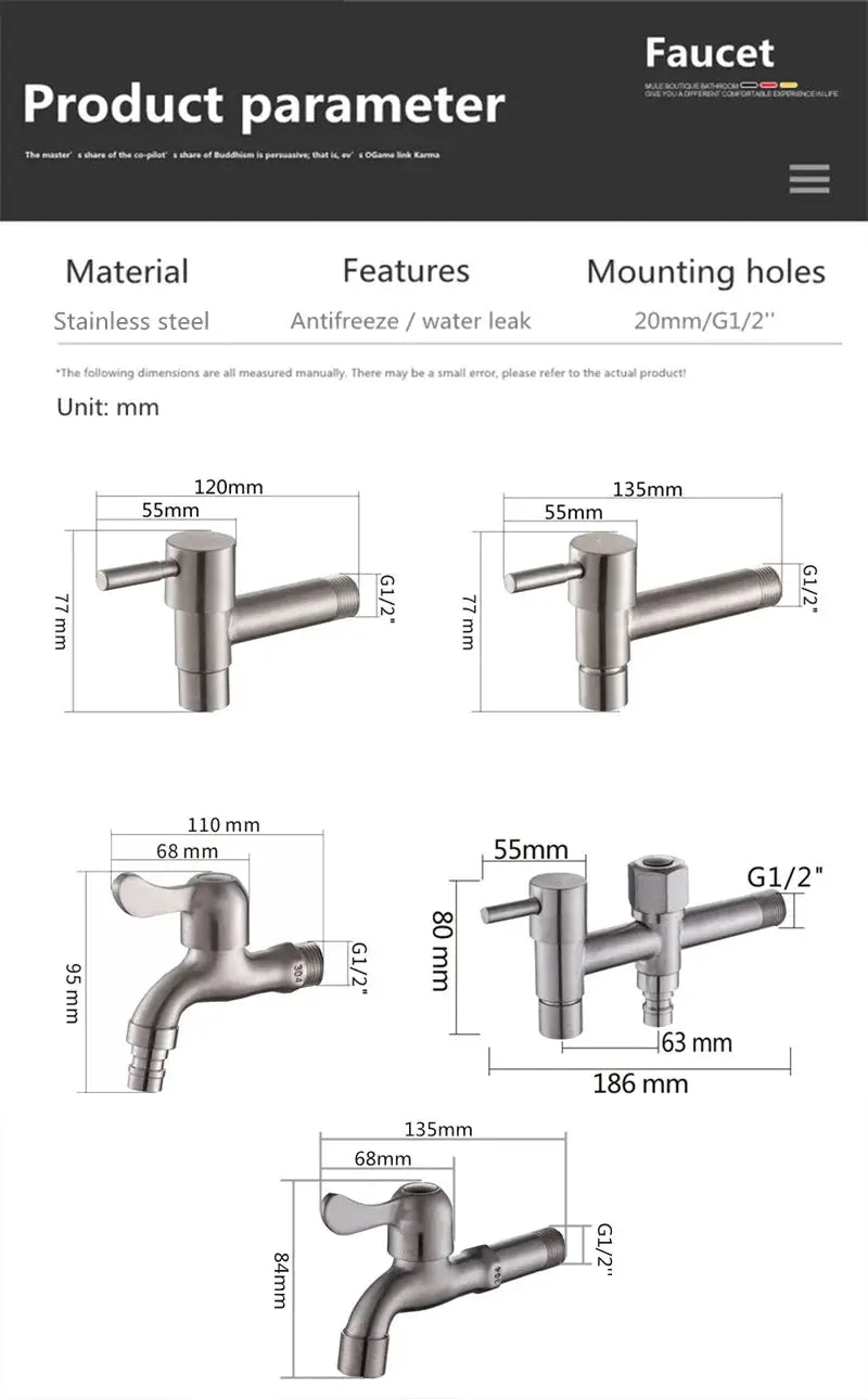 Brushed stainless garden faucet set by Simples Market; 5 wall-mounted bibcock variants with dimensions