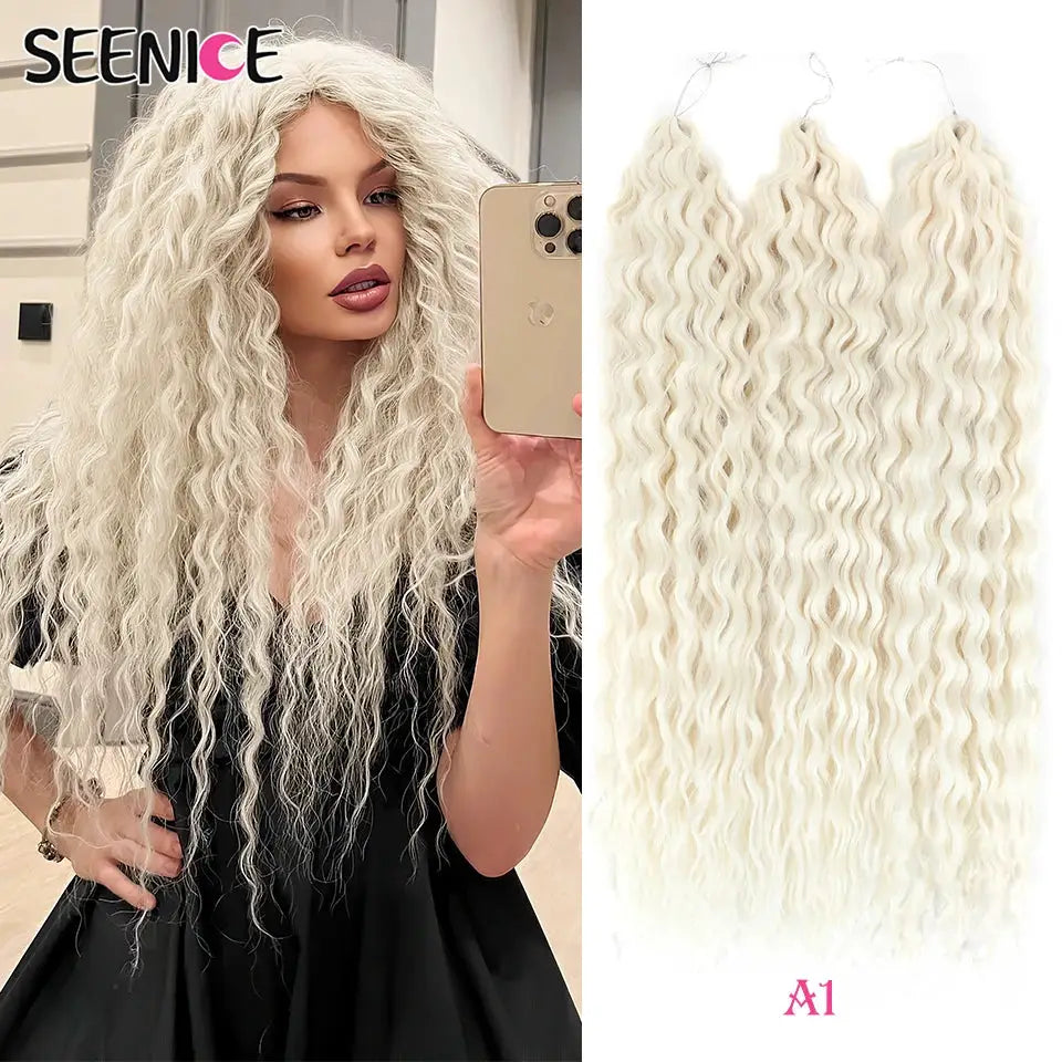 Ariel Curl Deep Twist Crochet Hair by Simples Market in ombre blonde, 22-inch water-wave braiding extensions; 4-bundle